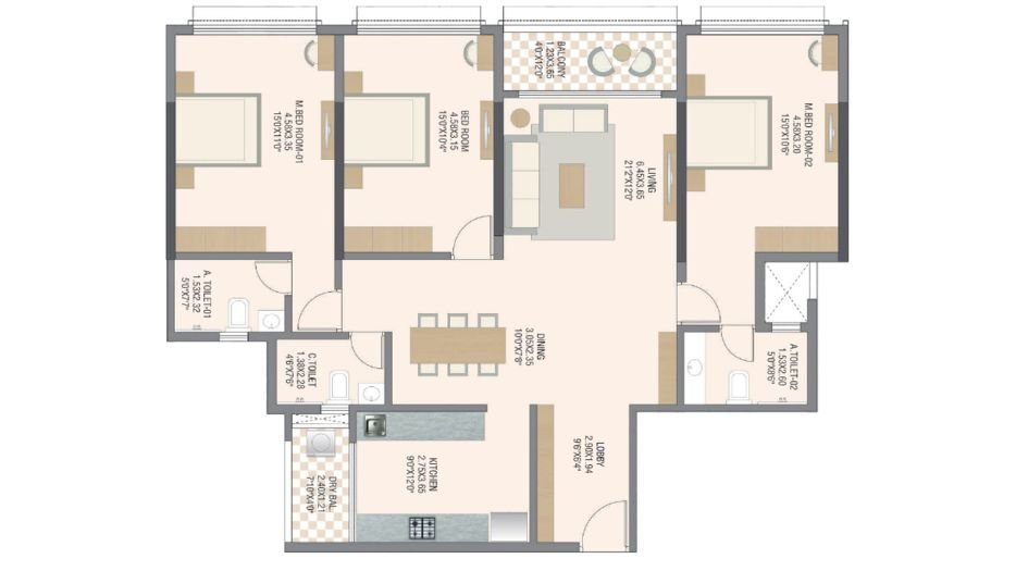 Paranjpe-the-canopy-Floor-Plan-3 BHK-1382 Sqft